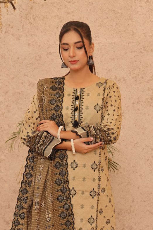 Elegant beige embroidered kurta set with floral embroidery, featuring matching beige pants and cutwork dupatta, inspired by Pakistani fashion from brands like Maria B and Sanaulla Store.