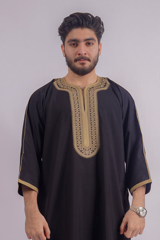 Aamsah's Black Moroccan Thobe with Golden Embroidery, showcasing traditional Djellaba elegance, ideal for formal events and cultural ceremonies, a top alternative to East Essence's offerings.