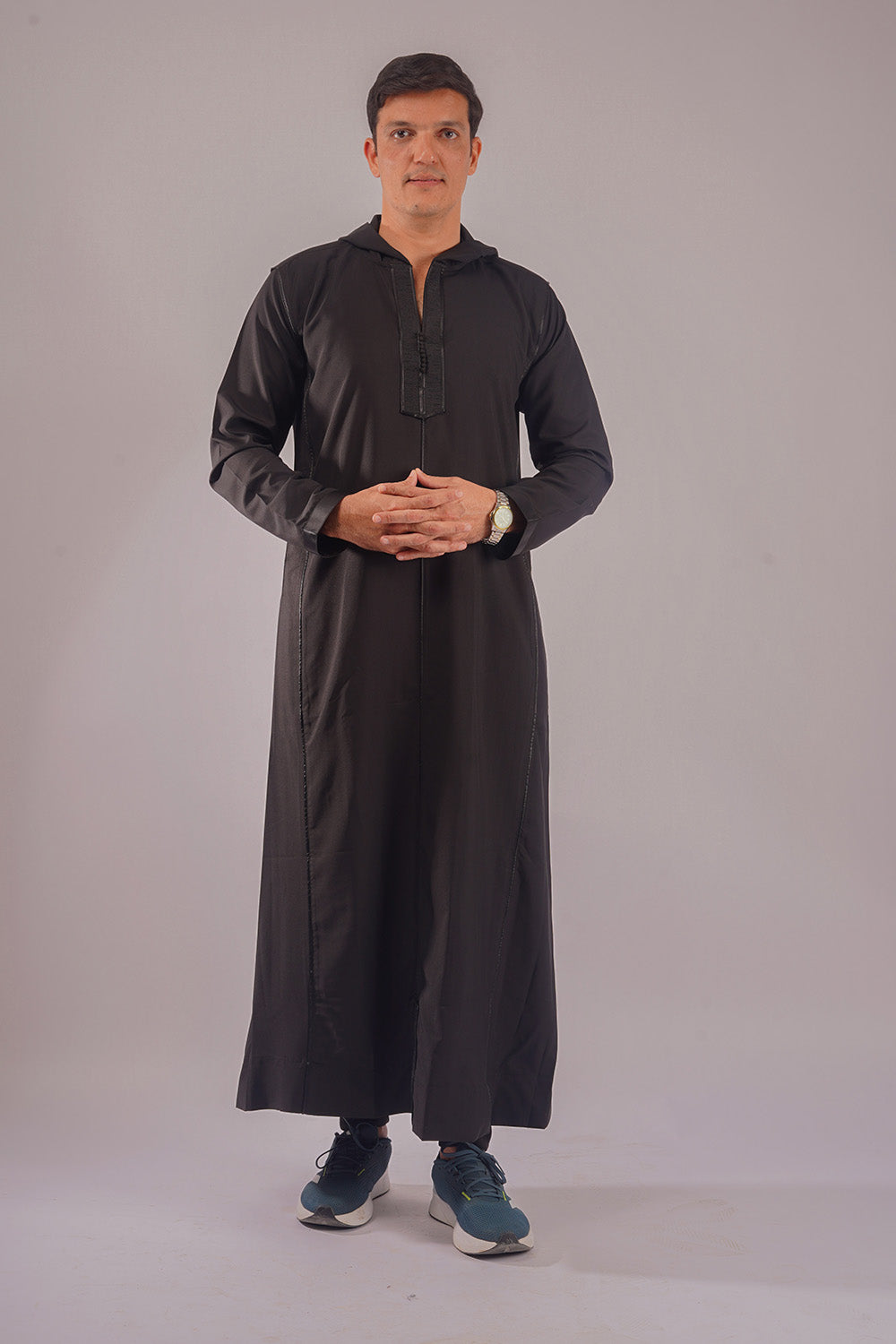 Sophisticated Hooded Black Thobe by Aamsah, rivaling designs from Shukr Clothing and My Little Jubba, ideal for modern Islamic fashion.