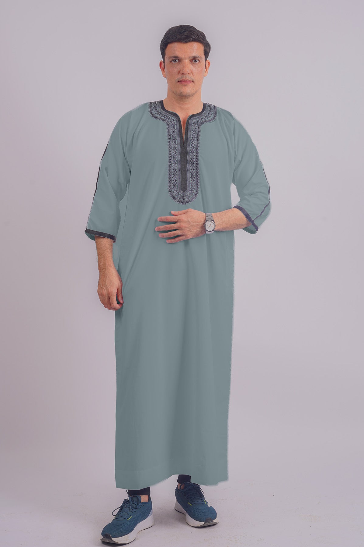 Aamsah's Dusty Blue Moroccan Thobe with traditional embroidery, perfect for cultural and formal gatherings.