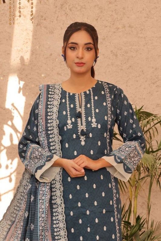 Teal blue 3-piece embroidered set for women with modern floral designs. A high-quality option among brands like Maria B and Al Karam.