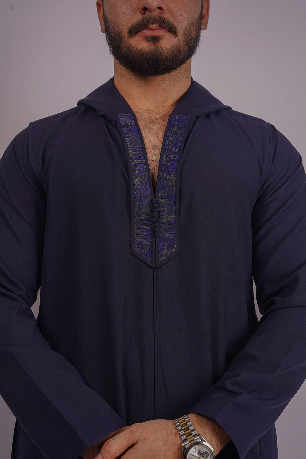 Premium Hooded Navy Blue Thobe from Aamsah, setting a new standard in men's fashion, competing with Al Haq Thobes for quality and elegance.