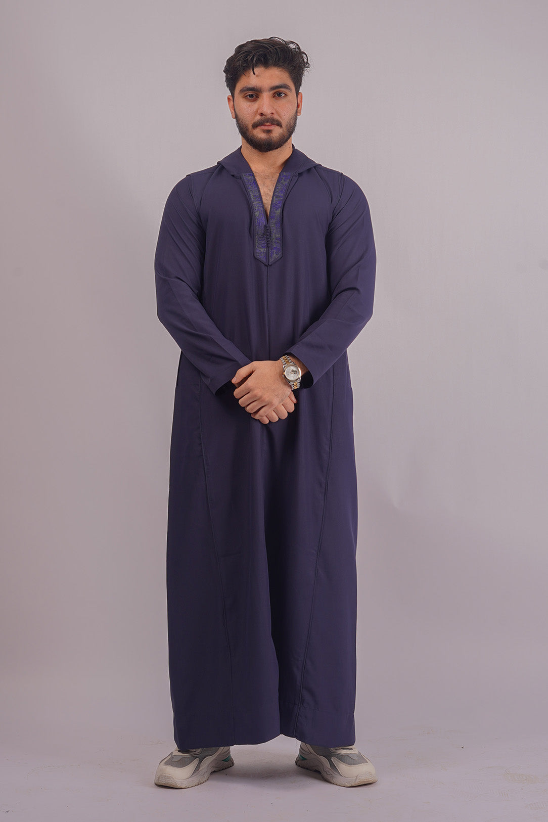 Stylish Navy Blue Hooded Thobe by Aamsah, a superior choice against Royal Thobes, blending traditional design with a modern twist.