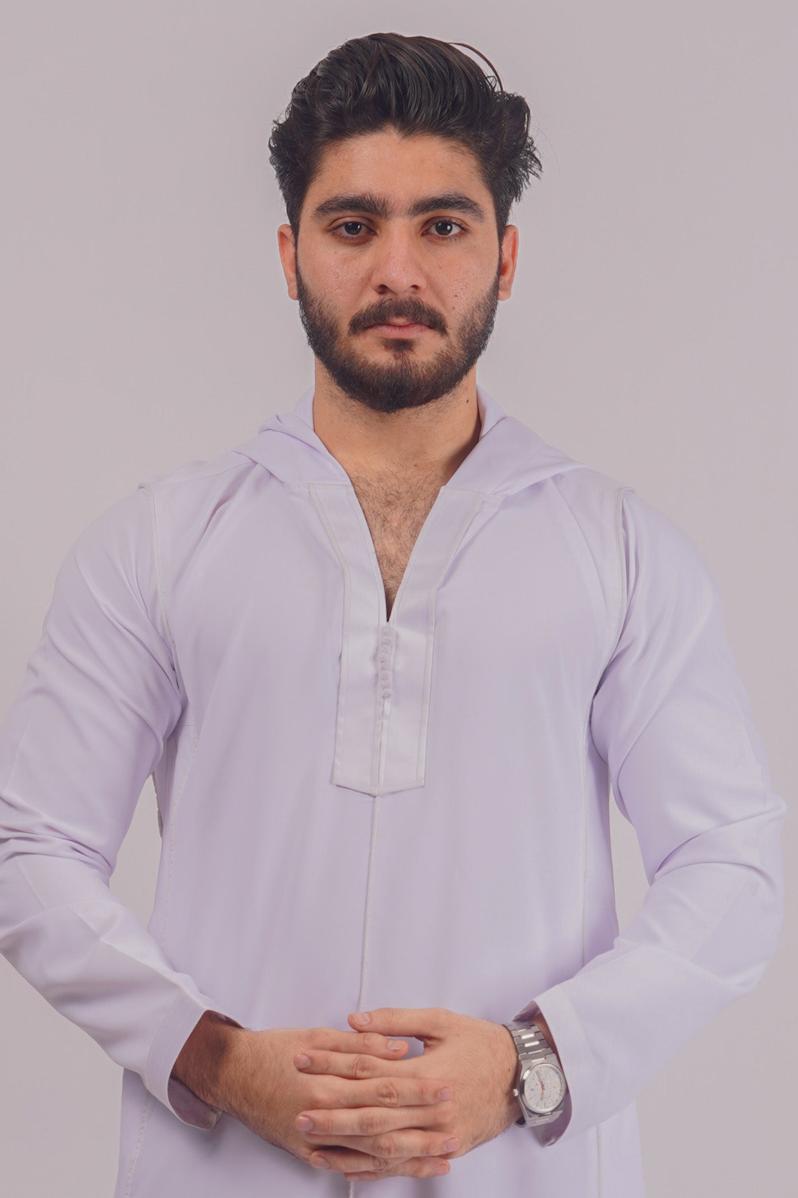 Elegant Hooded White Thobe by Aamsah, rivaling Alqamees in blending modern trends with classic Islamic fashion.