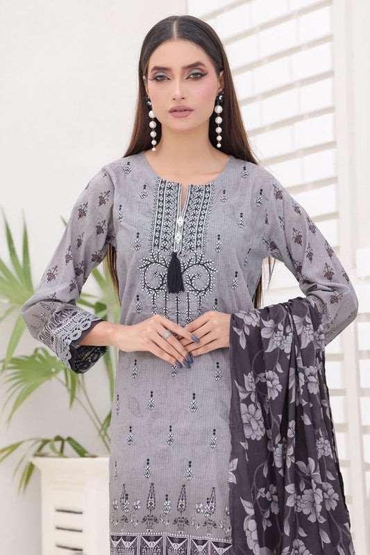 Aamsah Bana Dora Ash Grey Embroidered 3-Piece Suit with Tassel Front and Floral Dupatta