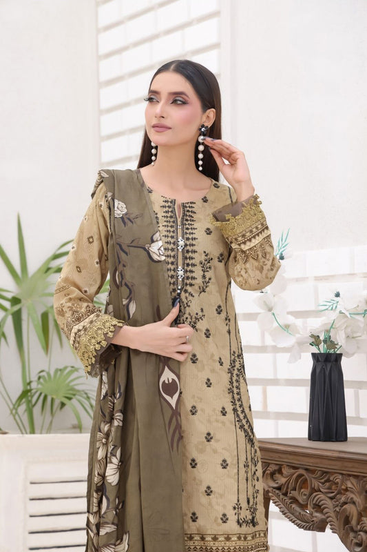 Desi WomenÕs Bana Dora Beige Khaki 3-Piece Suit with Black Embroidery and Olive Dupatta by Aamsah
