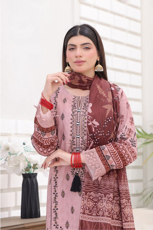 Aamsah Bana Dora blush pink embroidered lawn suit with maroon printed dupatta
