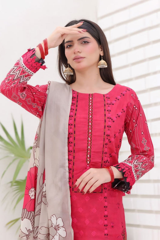 Pakistani Modest Fashion Deep Rose Bana Dora Kurta with Beige Floral Dupatta