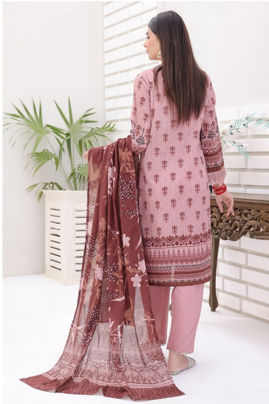 Traditional Pakistani lawn suit with floral embroidery and maroon dupatta