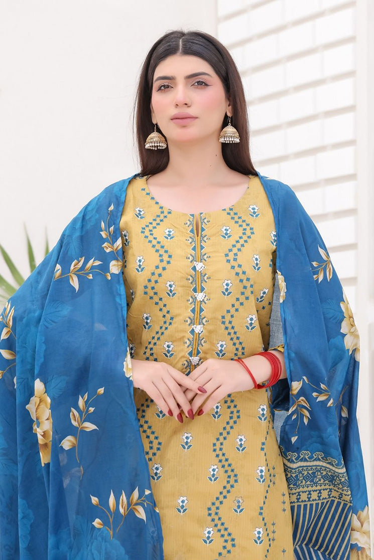 Aamsah Bana Dora Mustard Blue Embroidered 3-Piece Suit with Floral Dupatta