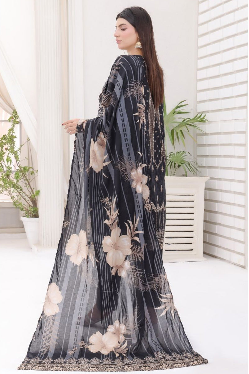 Luxury black Pakistani outfit with floral printed dupatta by Aamsah