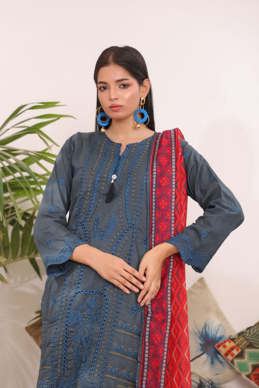 Aamsah charcoal teal Pakistani 3-piece embroidered Chikankari suit with red dupatta