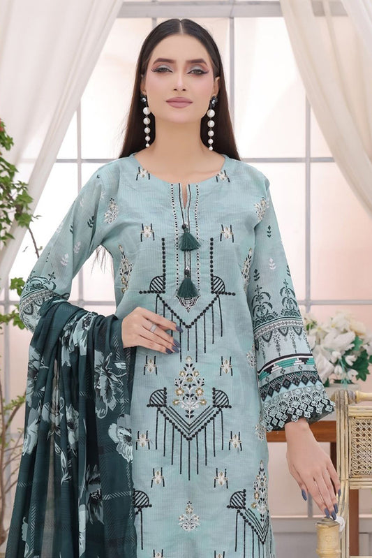 Aamsah Bana Dora Misty Teal embroidered stitched lawn suit front view with tassel neckline