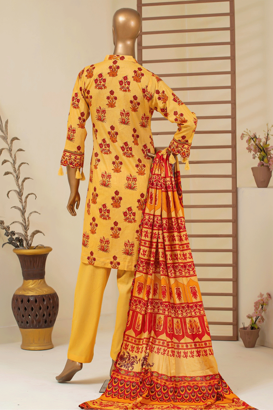 Rear view of Aamsah's saffron gold floral suit, emphasizing the intricate pattern on the dupatta