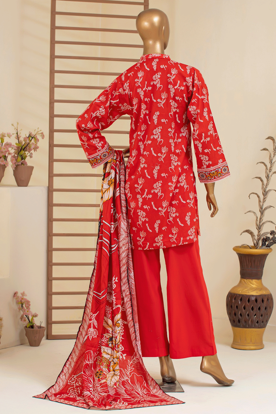 Rear view of Aamsah's red cambric cotton suit, showing the detailed dupatta, on par with creations from Anita Dongre.