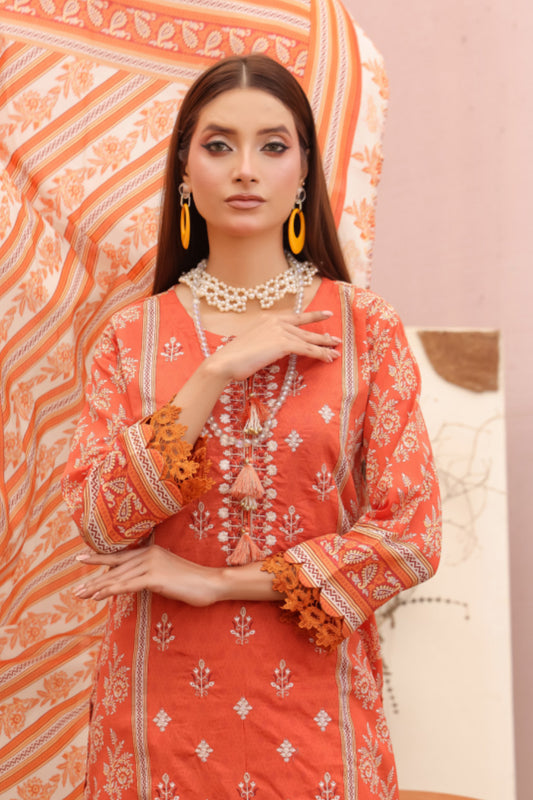 burnt orange pakistani embroidered lawn suit with ivory dupatta for ladies