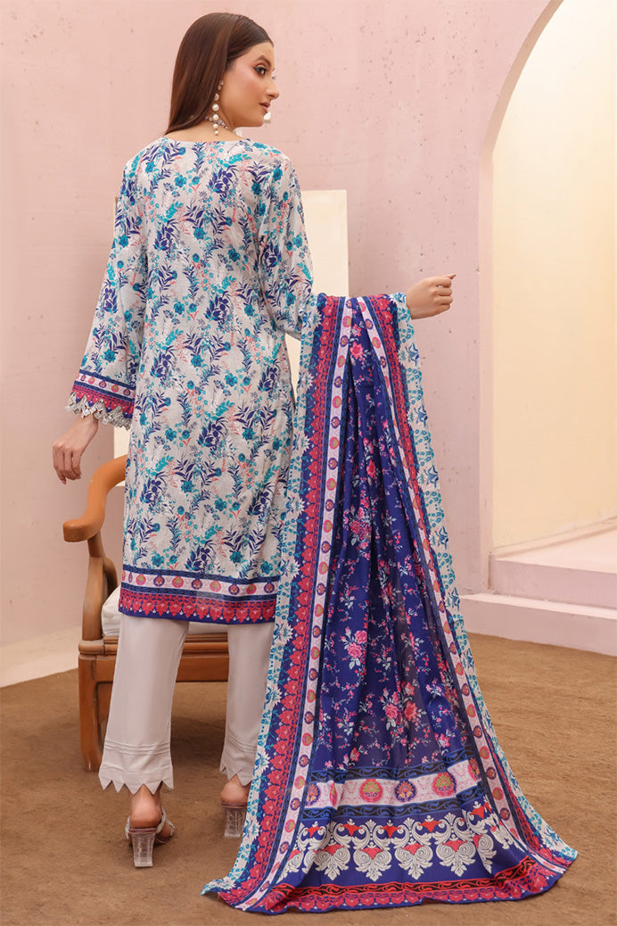 embroidered pakistani 3 piece lawn outfit with printed dupatta and sky mist blue pants