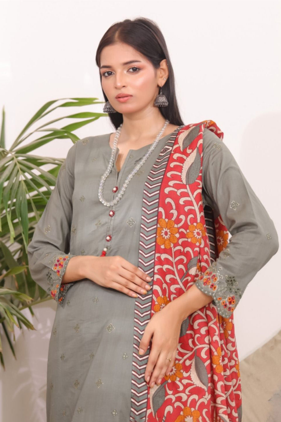 Pakistani Suits Online USA – Olive Ember Embroidered Chikan Kari Outfit