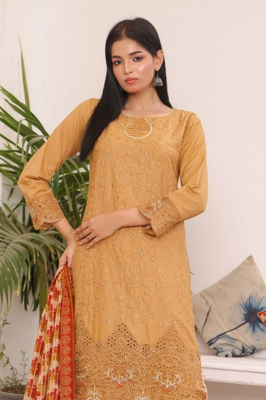 Golden Ochre Chikan Kari Pakistani 3-Piece Suit with Dupatta – Aamsah