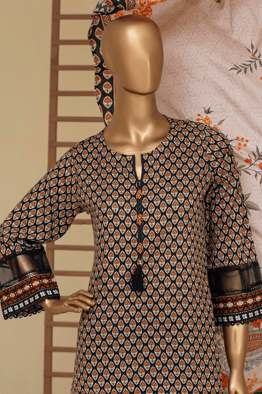 Luxury printed cambric cotton 3-piece stitched set by Aamsah in onyx black with burnt orange accents, featuring a kurta, pants, and dupatta.