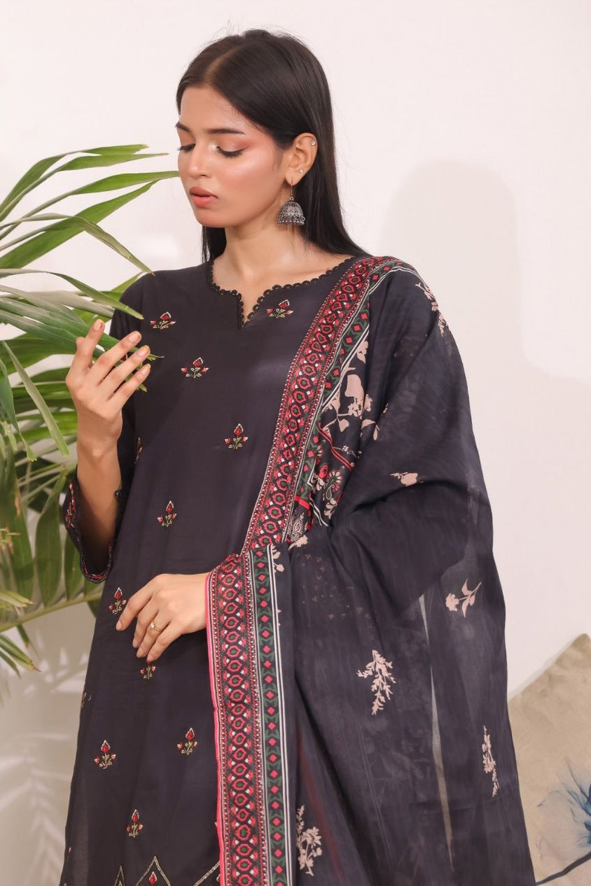Midnight Rose Embroidered Pakistani Dress with Floral Printed Dupatta – Aamsah