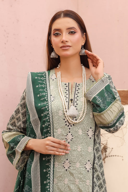 Mint Sage Embroidered Lawn Kurta 3 Piece Suit for Pakistani Women with Dupatta