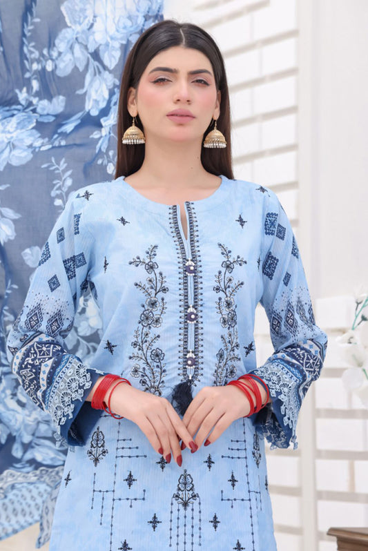 Desi Women's Bana Dora Sky Blue Pakistani 3-Piece Suit with Floral Print Dupatta by Aamsah