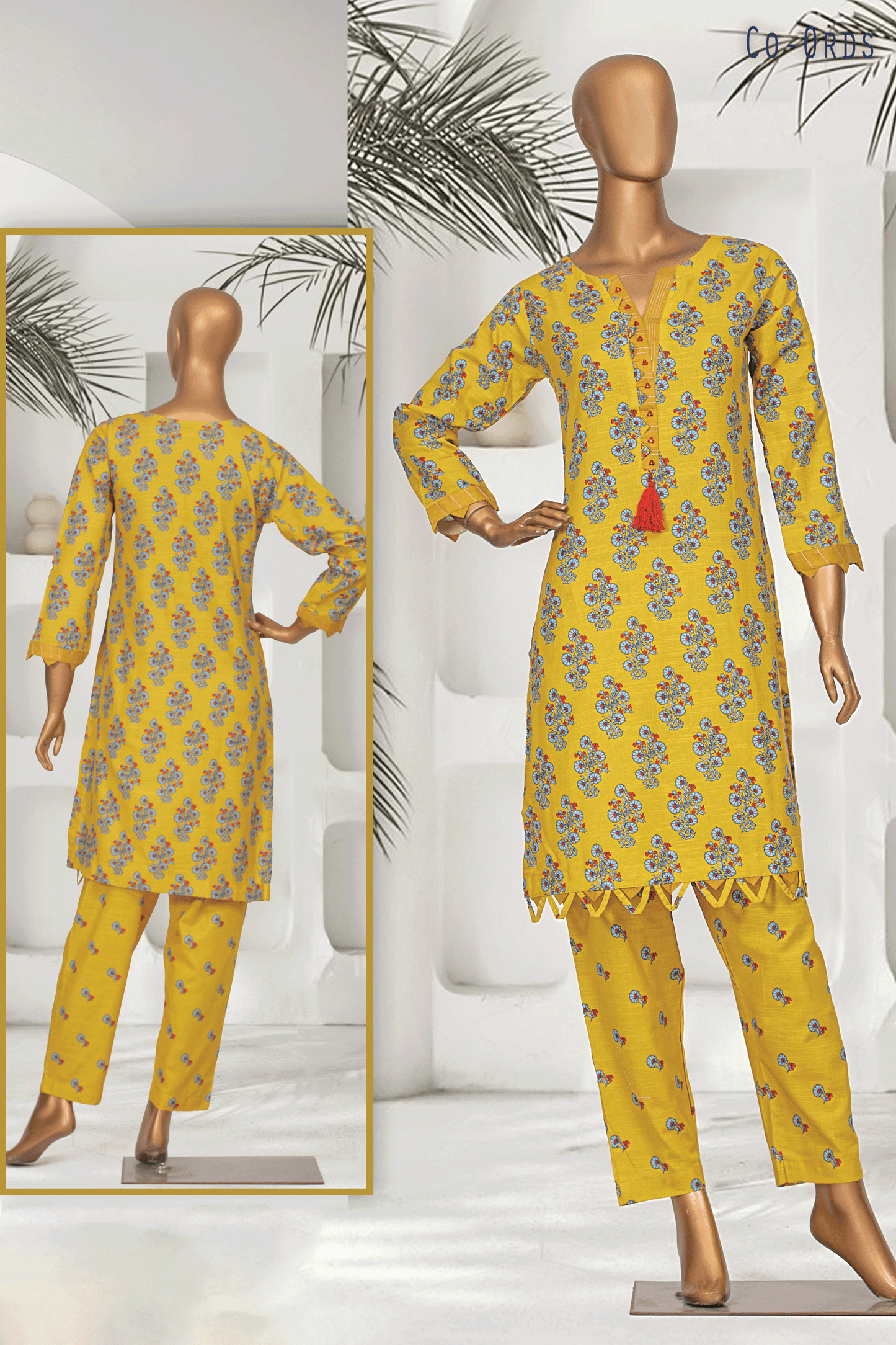 Pakistani modest fashion winter outfit – Yellow Khaddar 2-piece co-ords set for women with a floral design, crafted for warmth and comfort by Aamsah.