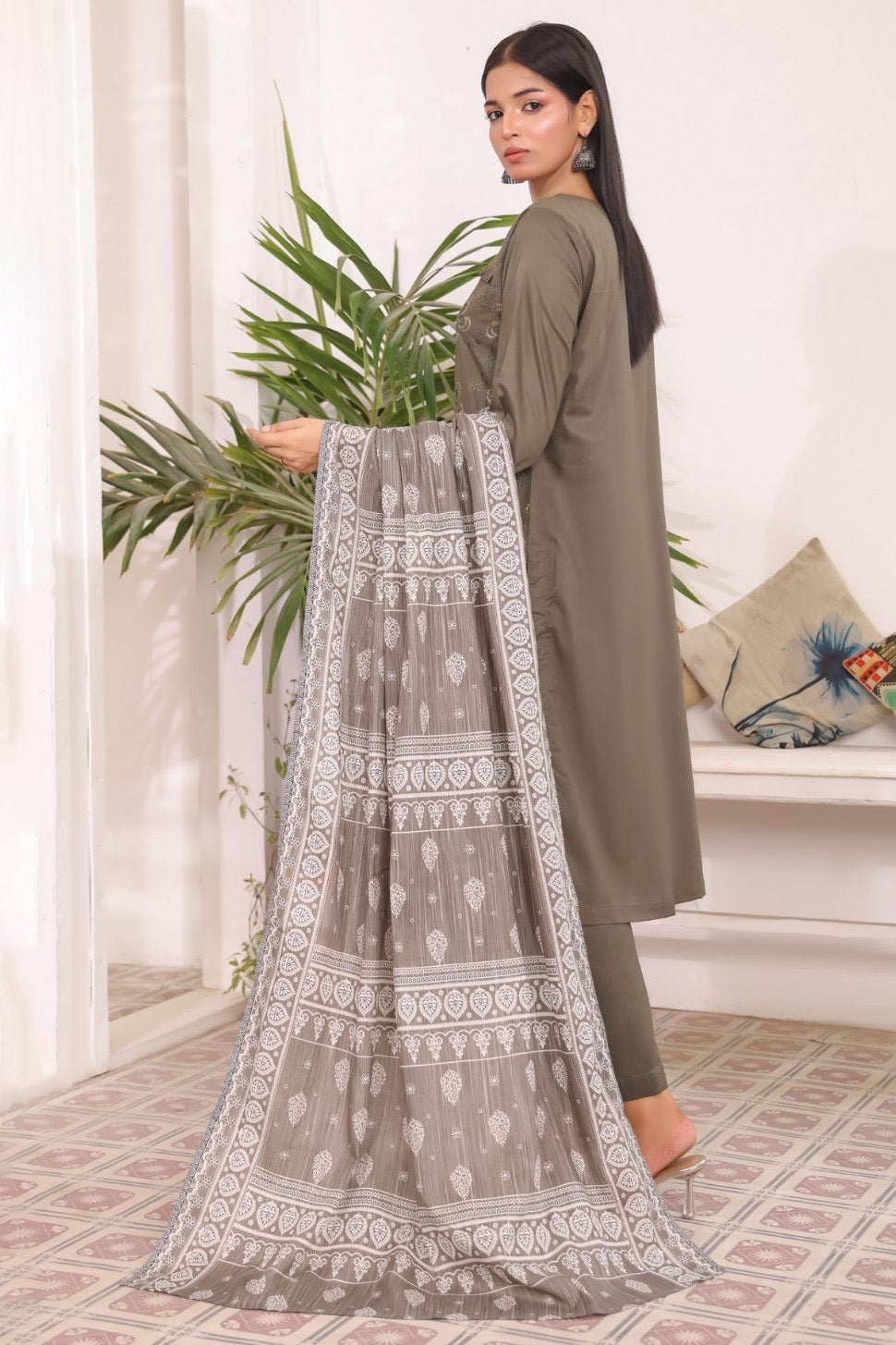 Aamsah Olive Dusk Stitched Pakistani Suit – Chikan Kari Outfit in USA