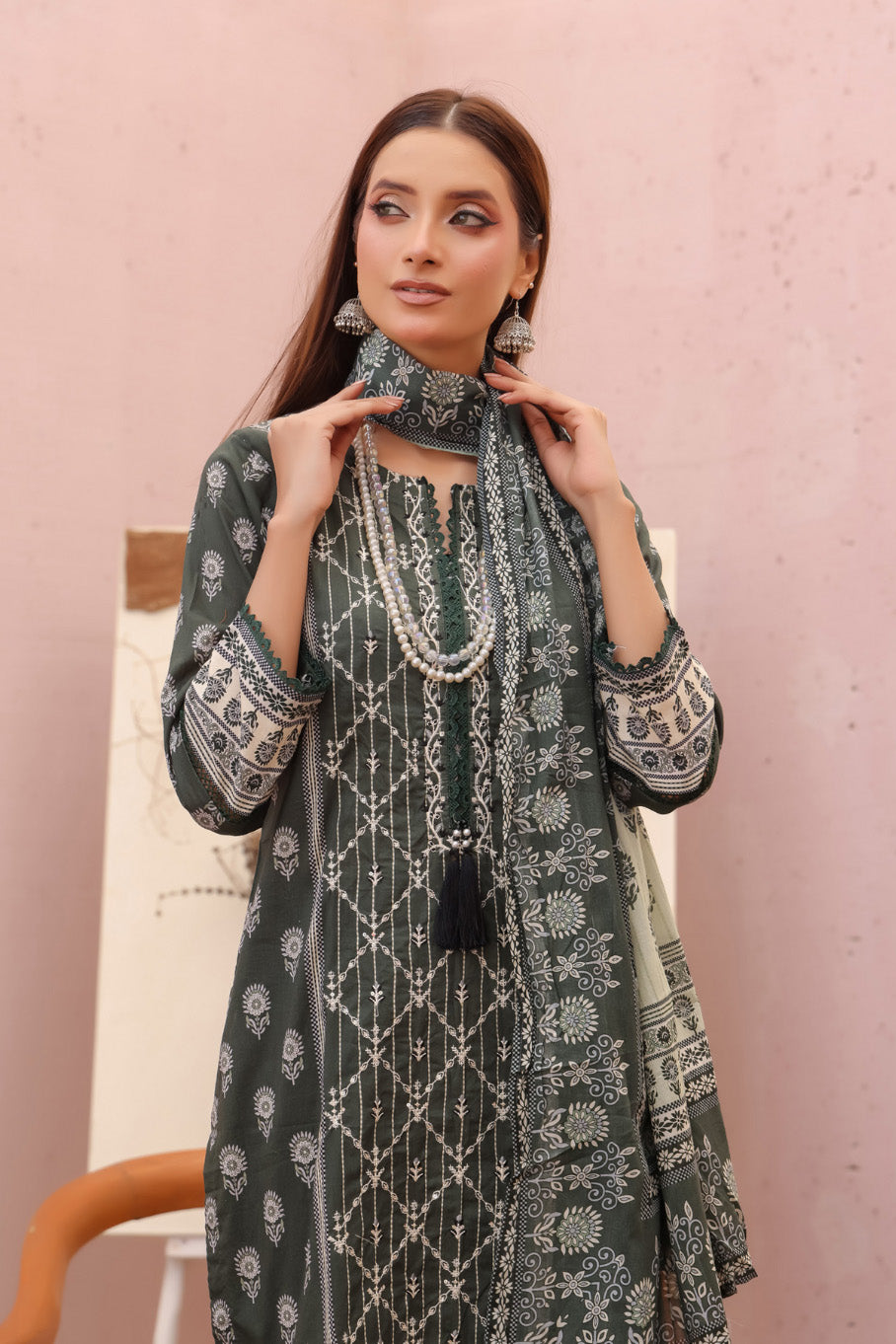 Olive green embroidered Pakistani stitched 3-piece suit front view.
