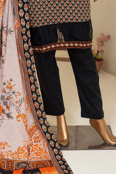 Aamsah’s black cambric cotton stitched kurta set with printed dupatta and tailored pants, inspired by modern Pakistani and Indian fashion.