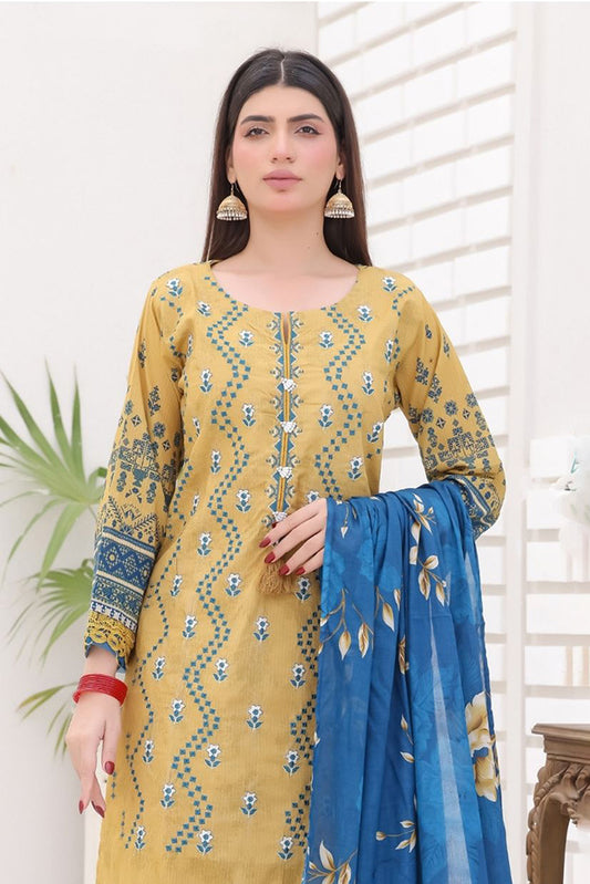 Desi Women's Bana Dora Mustard Blue 3-Piece Suit with Floral Dupatta and Embroidery