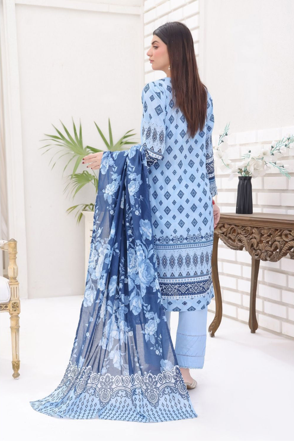 Aamsah Sky Blue Bana Dora 3-Piece Pakistani Suit with Detailed Embroidery