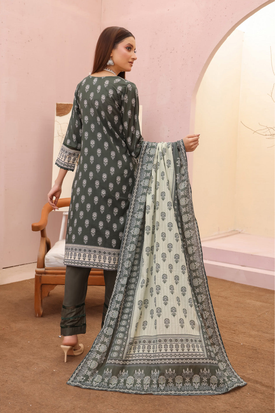 Back side of olive green embroidered kurta with printed dupatta.