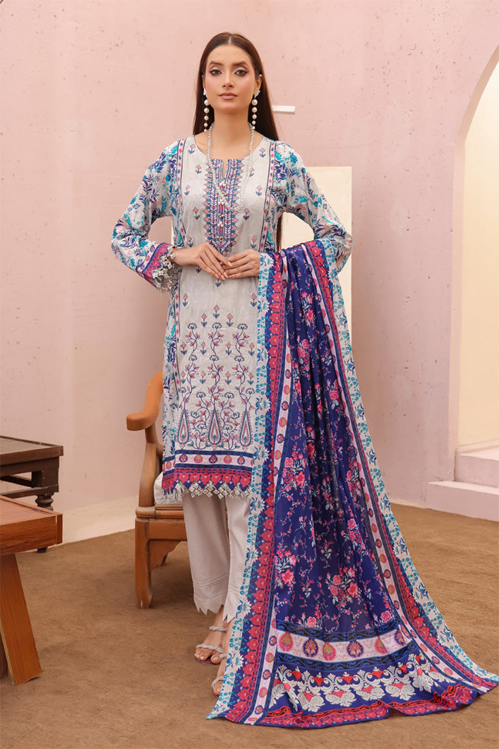 pakistani stitched lawn kurta set in light gray and sky mist blue for casual and festive wear