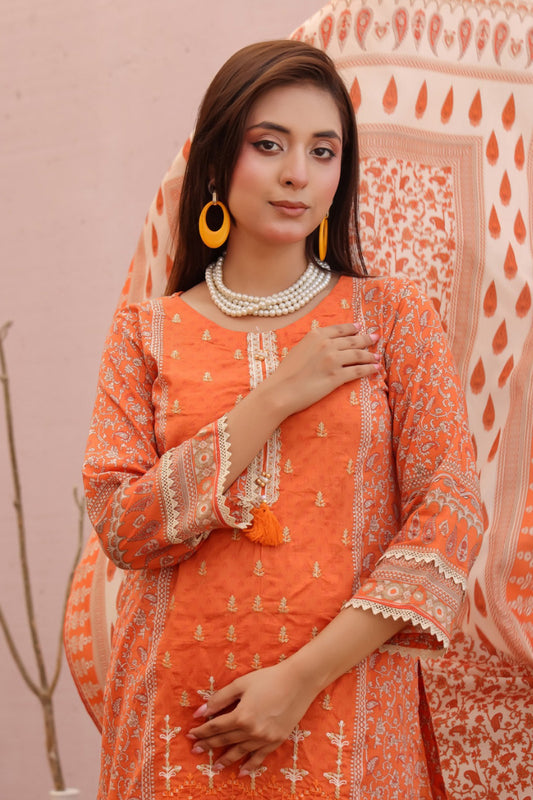 burnt tangerine pakistani embroidered lawn suit ivory dupatta inspired by maria b and cross stitch