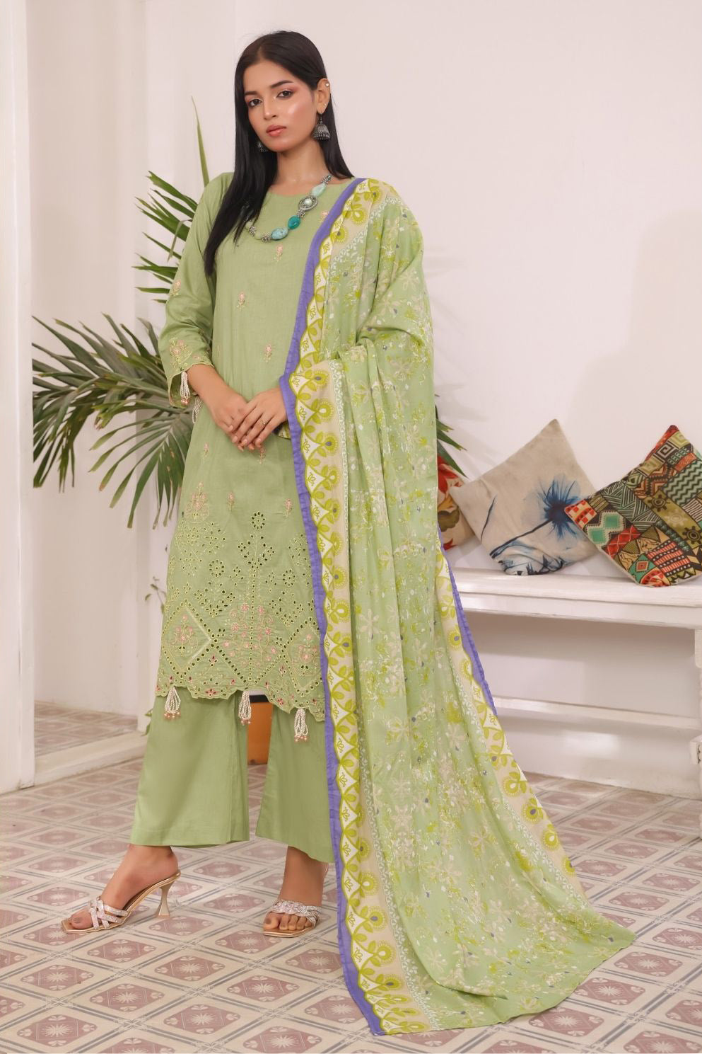 Aamsah Meadow Mist Pakistani Suit with Embroidered Kurta and Printed Dupatta