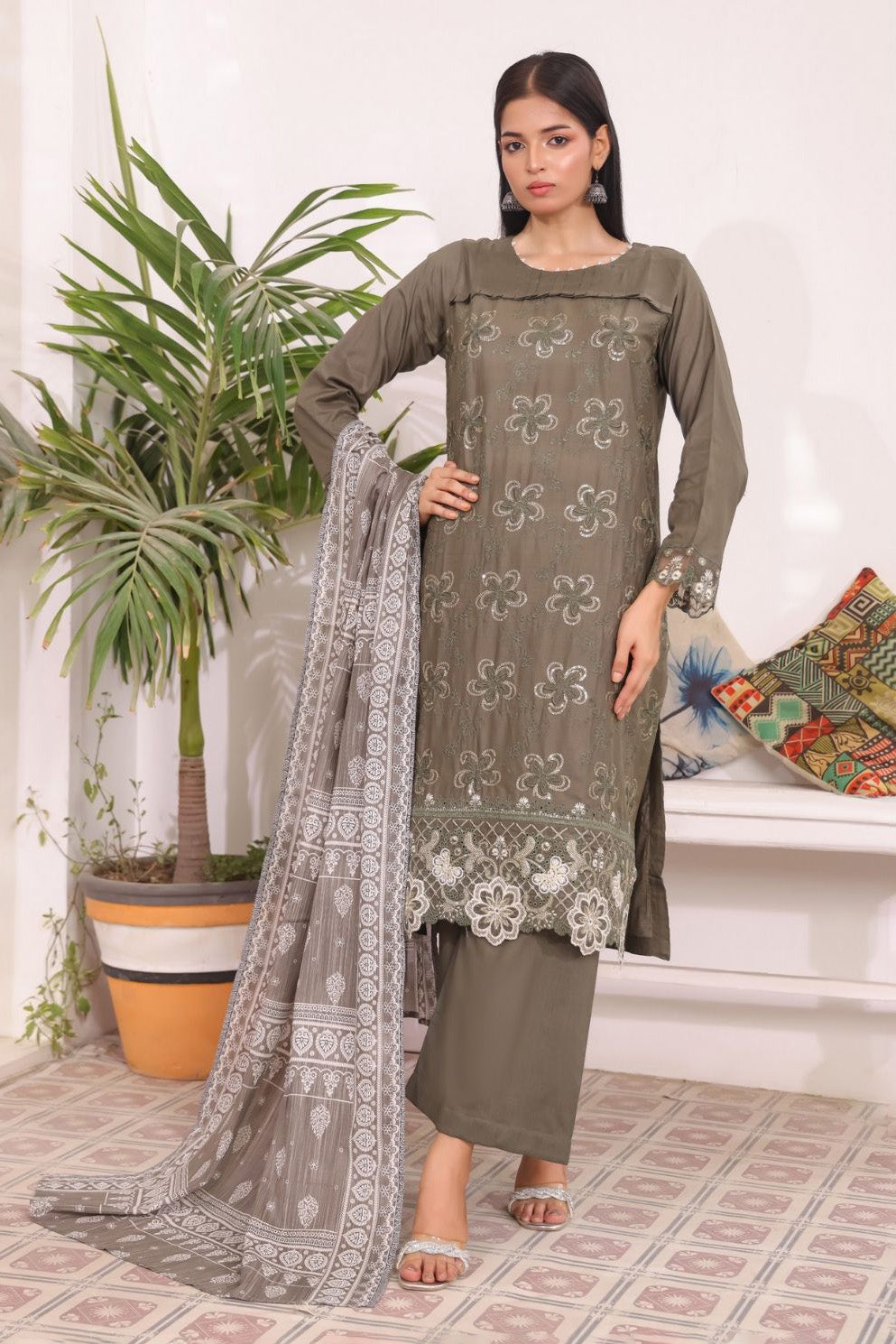 Elegant Olive Dusk Pakistani Women Dress with Embroidered Kurta and Dupatta