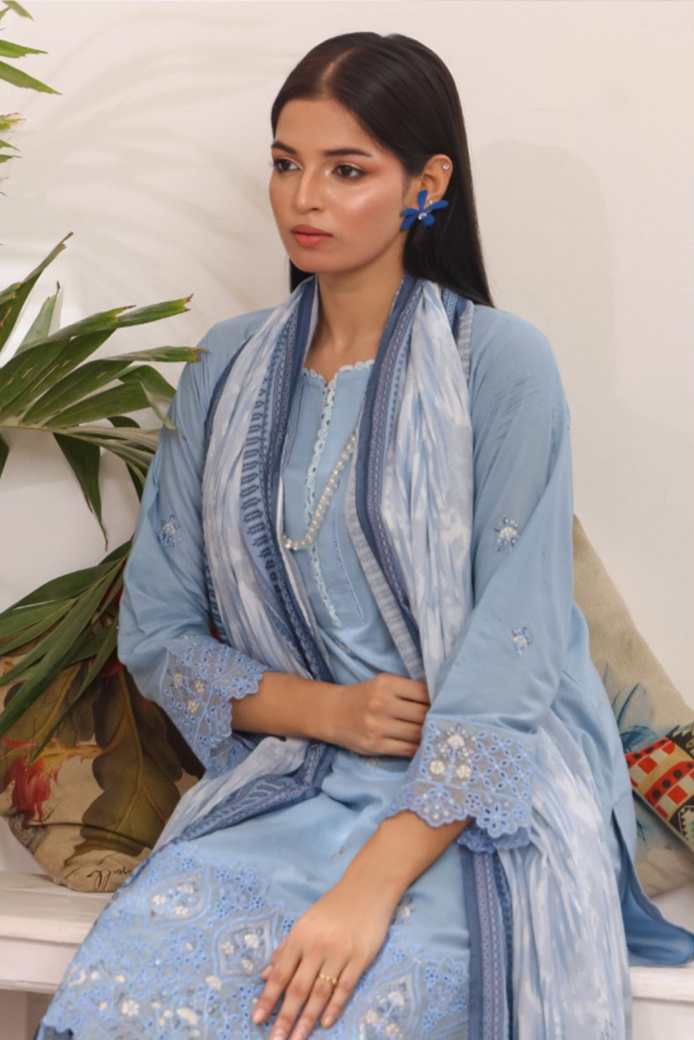 Powder Sky Embroidered Pakistani Dress with Printed Dupatta – Aamsah