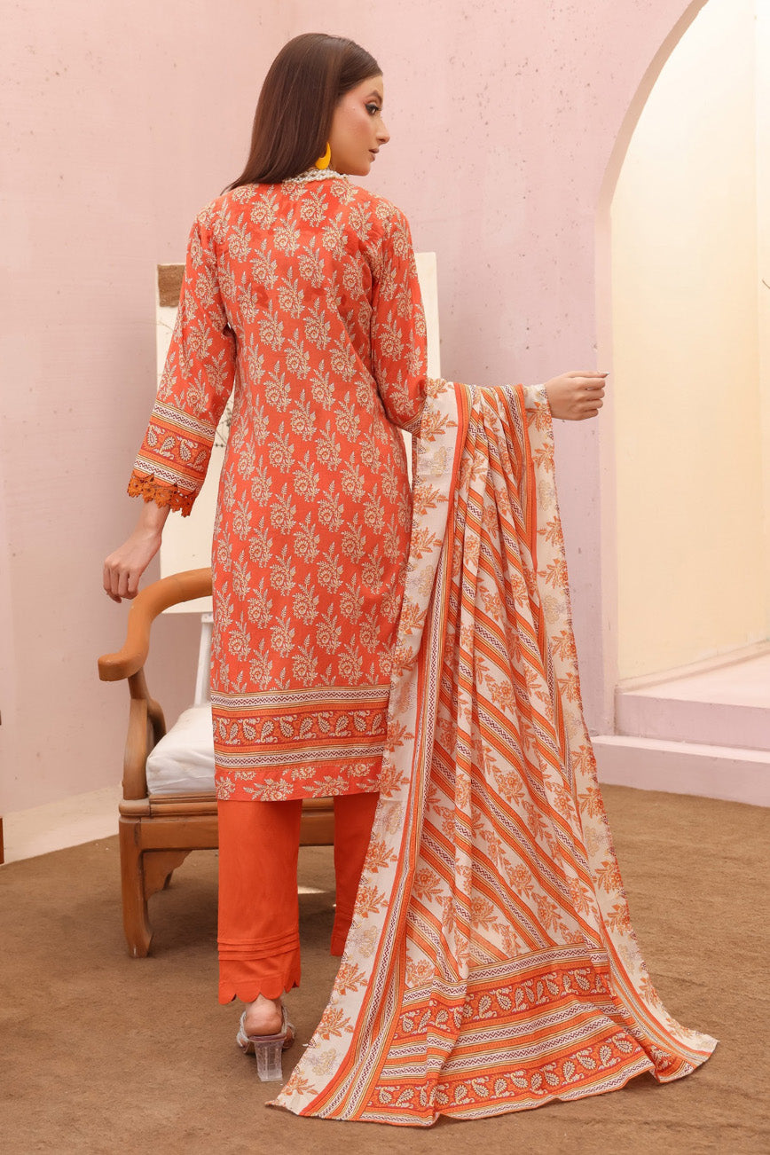 embroidered pakistani 3 piece lawn suit burnt orange and ivory combination