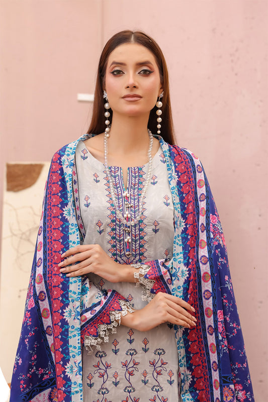 silver mist blue pakistani embroidered lawn suit for women with floral embroidery and matching pants