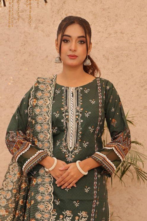 Traditional Pakistani lawn dress in green, embroidered with floral patterns and paired with an embroidered dupatta, influenced by Sanaulla Store and J Dot.