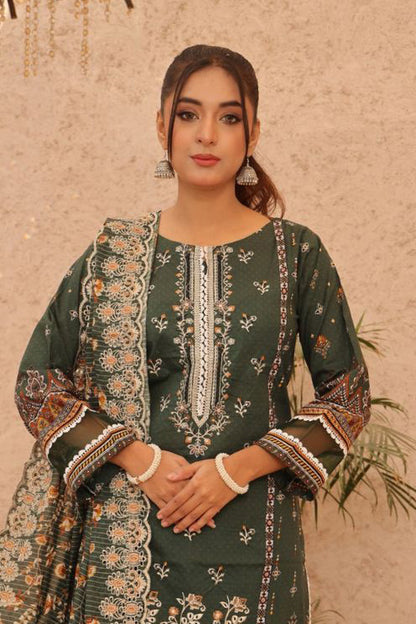 Traditional Pakistani lawn dress in green, embroidered with floral patterns and paired with an embroidered dupatta, influenced by Sanaulla Store and J Dot.