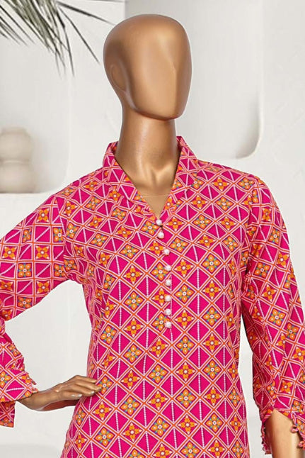 Elegant geometric pattern kurta set in vivid fuchsia, Pakistani style, similar to Deshi Besh offerings