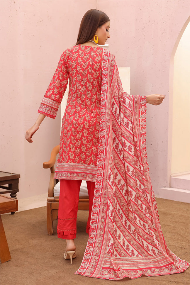 Back design of Pakistani ruby red stitched lawn outfit. Full 3-piece stitched ruby red lawn suit for Pakistani women