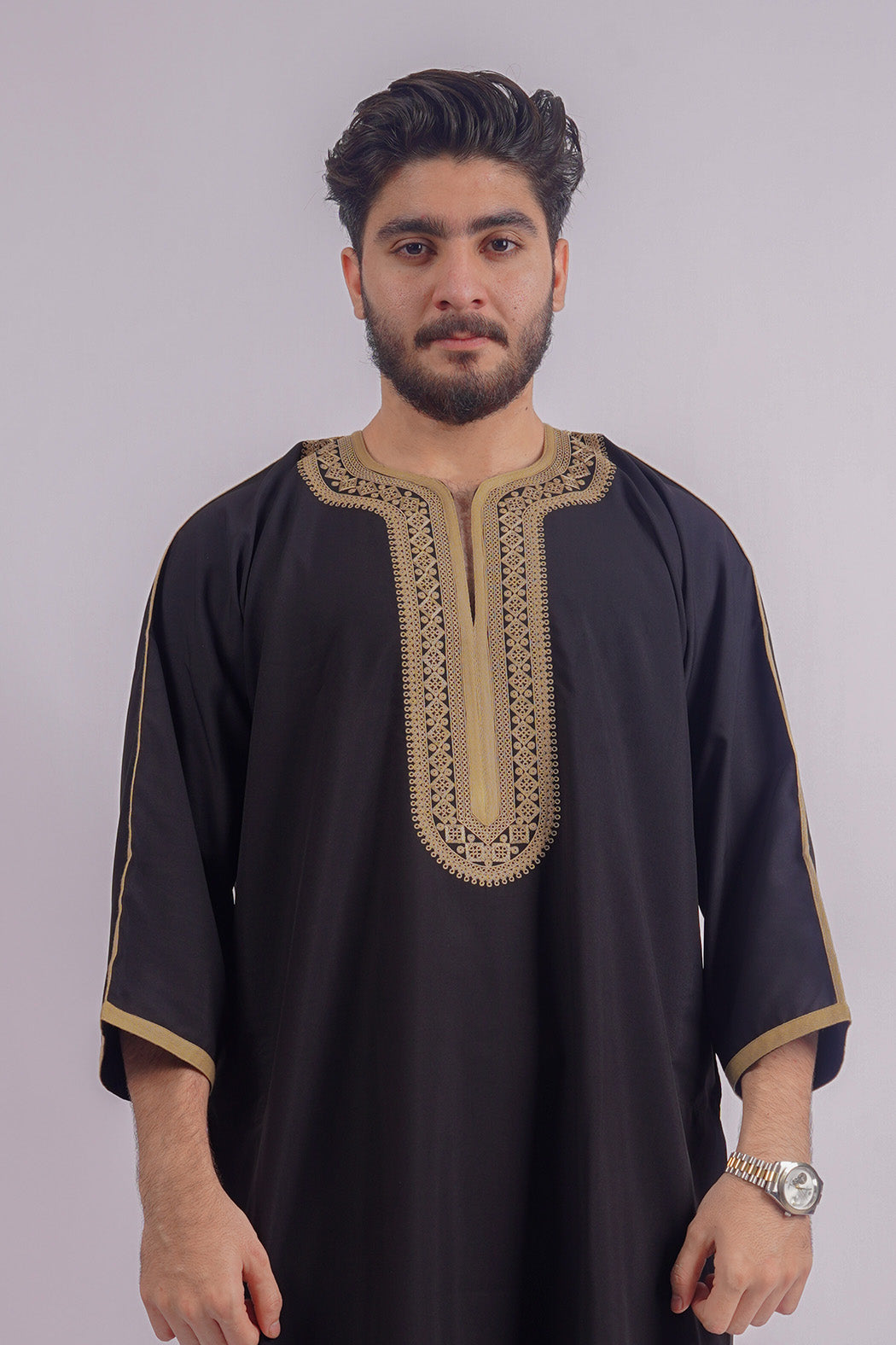 Aamsah's Black Moroccan Thobe with Golden Embroidery, showcasing traditional Djellaba elegance, ideal for formal events and cultural ceremonies, a top alternative to East Essence's offerings.