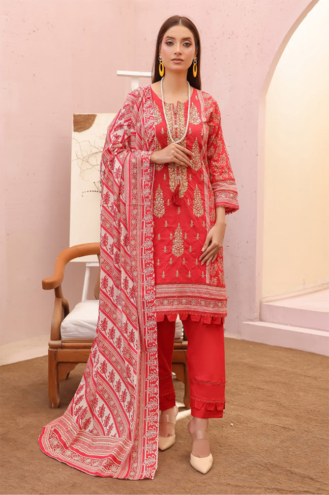 Close-up of ruby red embroidered neckline on lawn kurta