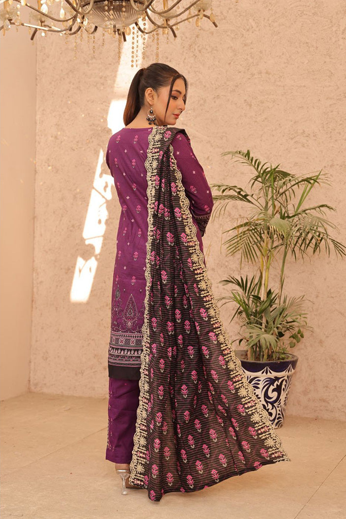 Detailed plum lawn suit with embroidery, ideal for competing with Maria B and J. Dot collections in Pakistani women's fashion.