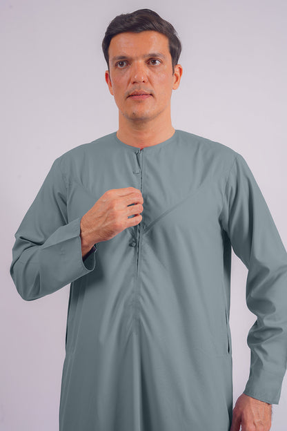 Classic Dusty Blue Dishdasha by Aamsah, crafted to meet the elegance seen at MuslimAmerican.com, ideal for special occasions and daily wear.
