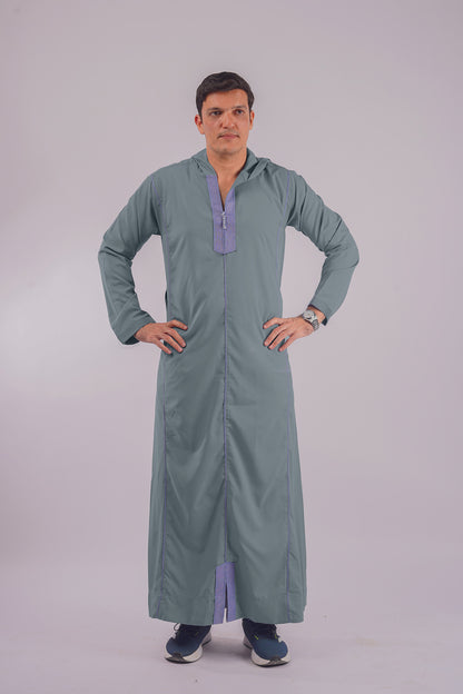 Experience elegance with Aamsah's Hooded Dusty Blue Thobe, rivaling the craftsmanship of House of Thobes in both style and comfort